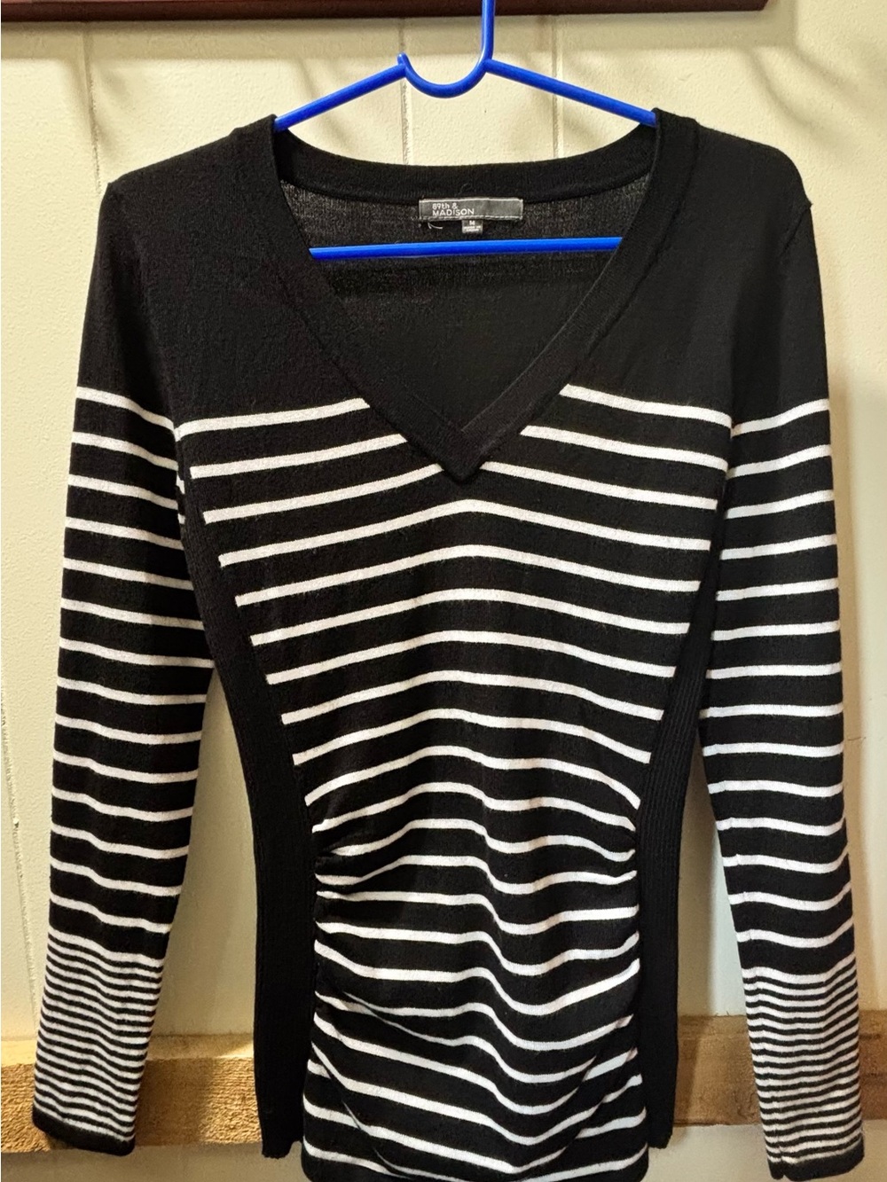 89th & Madison Black and White Striped V-Neck Sweater